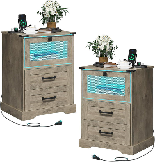 Hasuit Farmhouse Night Stand Set of 2 with LED Lights and Charging Station, Rustic Oak Nightstand with 2 Drawers, and Cubby with Wire Mesh Door, Bedside End Table for Bedroom