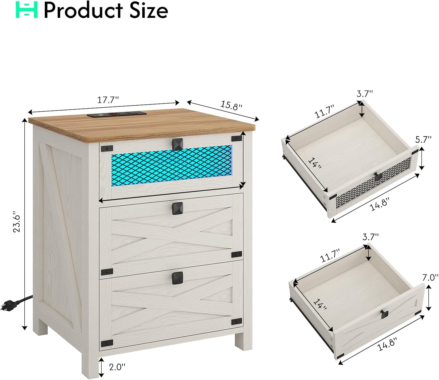 Hasuit Farmhouse Night Stand for Bedroom, Rustic Vintage White Nightstand with Charging Station and LED Lights, Bedside Table with 3 Drawers, Retro Side End Table with Storage