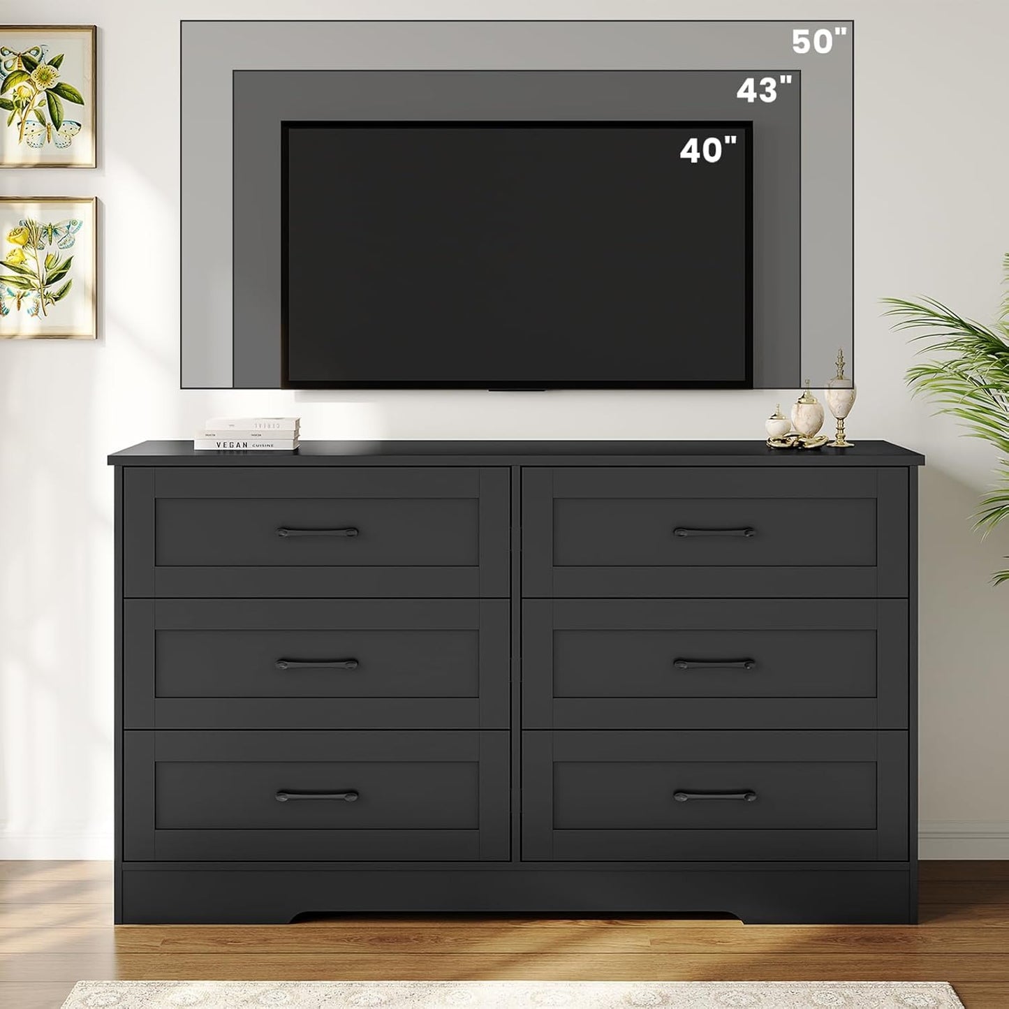Hasuit Modern Wooden Black Dresser for Bedroom with 6 Large Drawers