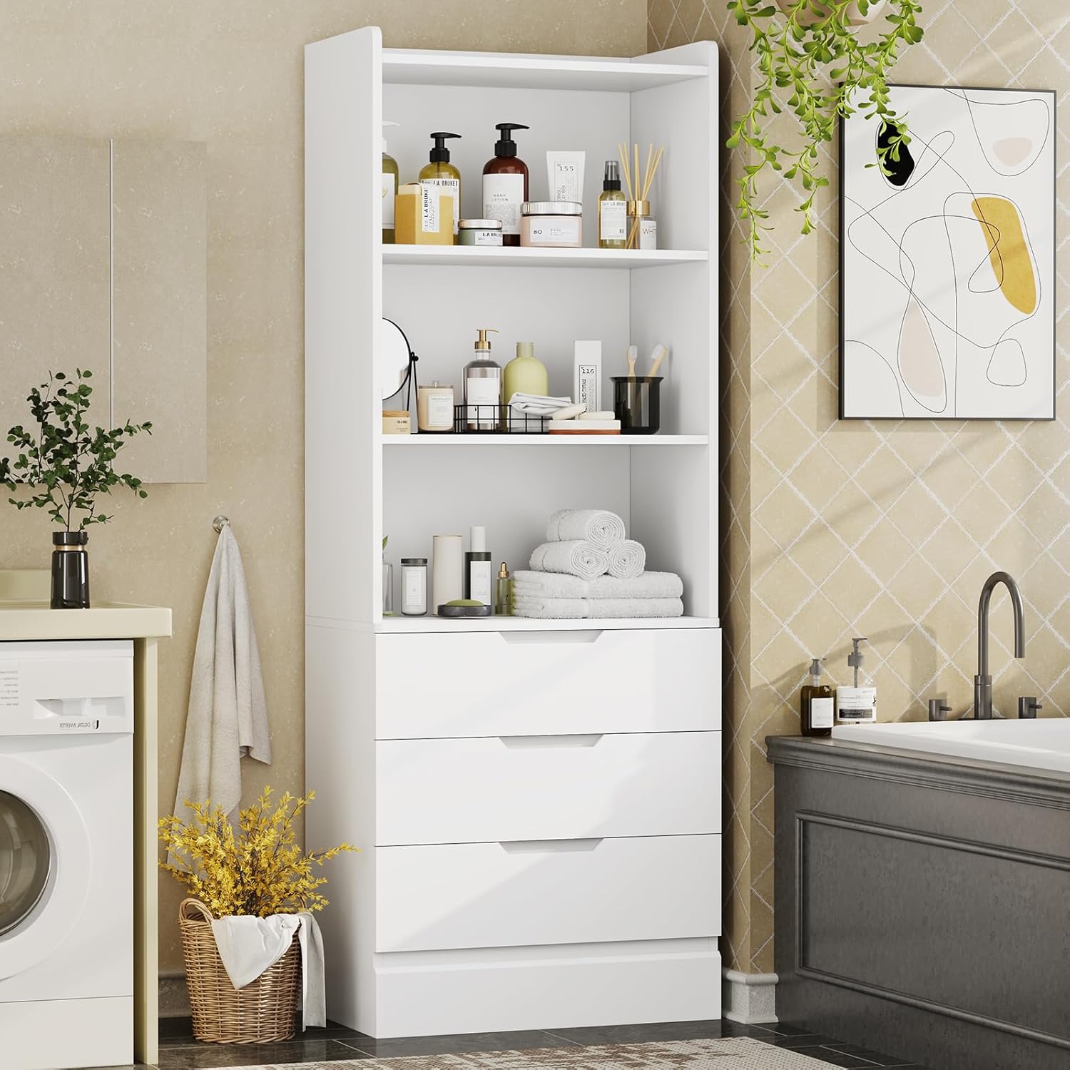 DICTAC 73.23'' Tall Storage Cabinet Bookcase with 3 Drawers and 3-Tier Open Shelves Wooden Bookshelf Kitchen Pantry Storage Organizer Cabinets for Living Room, Study, Kitchen,Bathroom,White