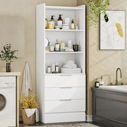 DICTAC 73.23'' Tall Storage Cabinet Bookcase with 3 Drawers and 3-Tier Open Shelves Wooden Bookshelf Kitchen Pantry Storage Organizer Cabinets for Living Room, Study, Kitchen,Bathroom,White