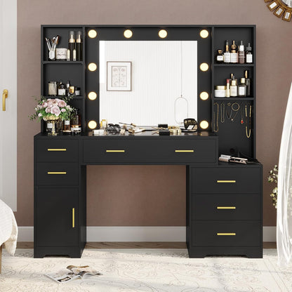 Hasuit 48.8'' Large Vanity Desk with Lighted Mirror & Power Outlet, Black Makeup Vanity Table with 6 Drawers, 4 Shelves and 1 Storage Cabinet, Glass Tabletop Bedroom Dressing Table, 3 Lighting Modes
