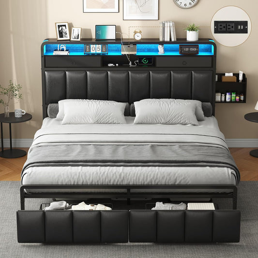 King Bed Frame with Storage Drawers, Upholstered Headboard with Hidden Storage Shelf, LED Lights and Charging Station, Metal Platform Bed Frame Queen Size, Noise Free, No Box Spring Needed