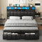 King Bed Frame with Storage Drawers, Upholstered Headboard with Hidden Storage Shelf, LED Lights and Charging Station, Metal Platform Bed Frame Queen Size, Noise Free, No Box Spring Needed