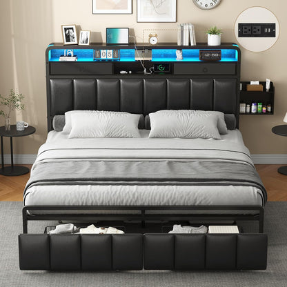 King Bed Frame with Storage Drawers, Upholstered Headboard with Hidden Storage Shelf, LED Lights and Charging Station, Metal Platform Bed Frame Queen Size, Noise Free, No Box Spring Needed