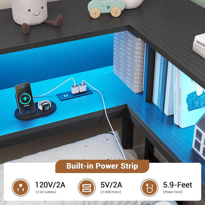 Hasuit Kids Corner Twin Bed with Storage, Charging & LED Light