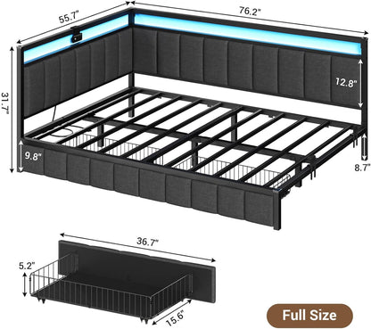 Hasuit Corner Bed Frame with Storage Drawers, Full Daybed with Line Fabric Upholstered Fence, Kids Bed Unit with LED Light and Charging Station, Modern Bed Frame Full Size, Gray
