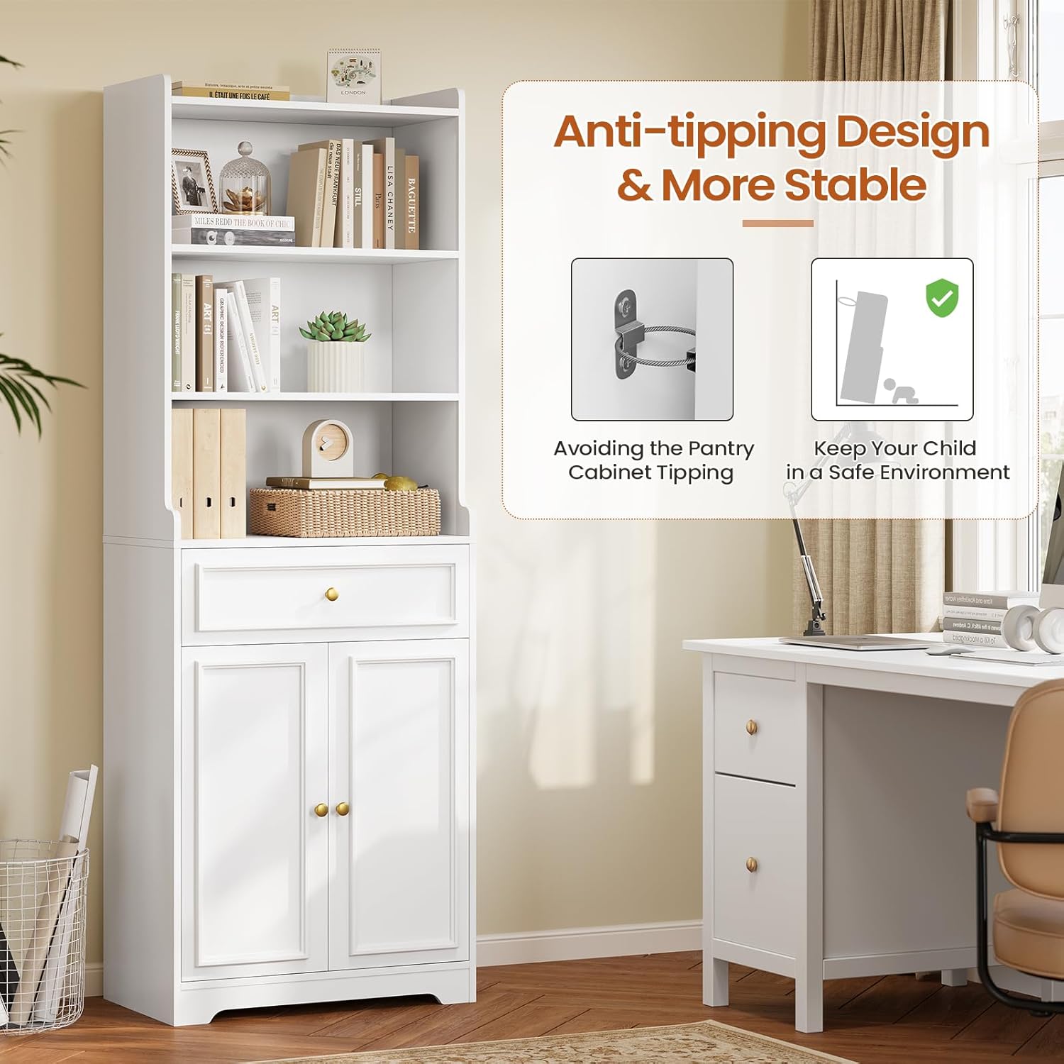 DICTAC Bookcase Set of 2 with Drawer and Doors 73.23''Tall Bookshelf with Open Shelves Freestanding Storage Cabinet with Microwave Space Storage Organizer for Home Office,Living Room,Bathroom,White