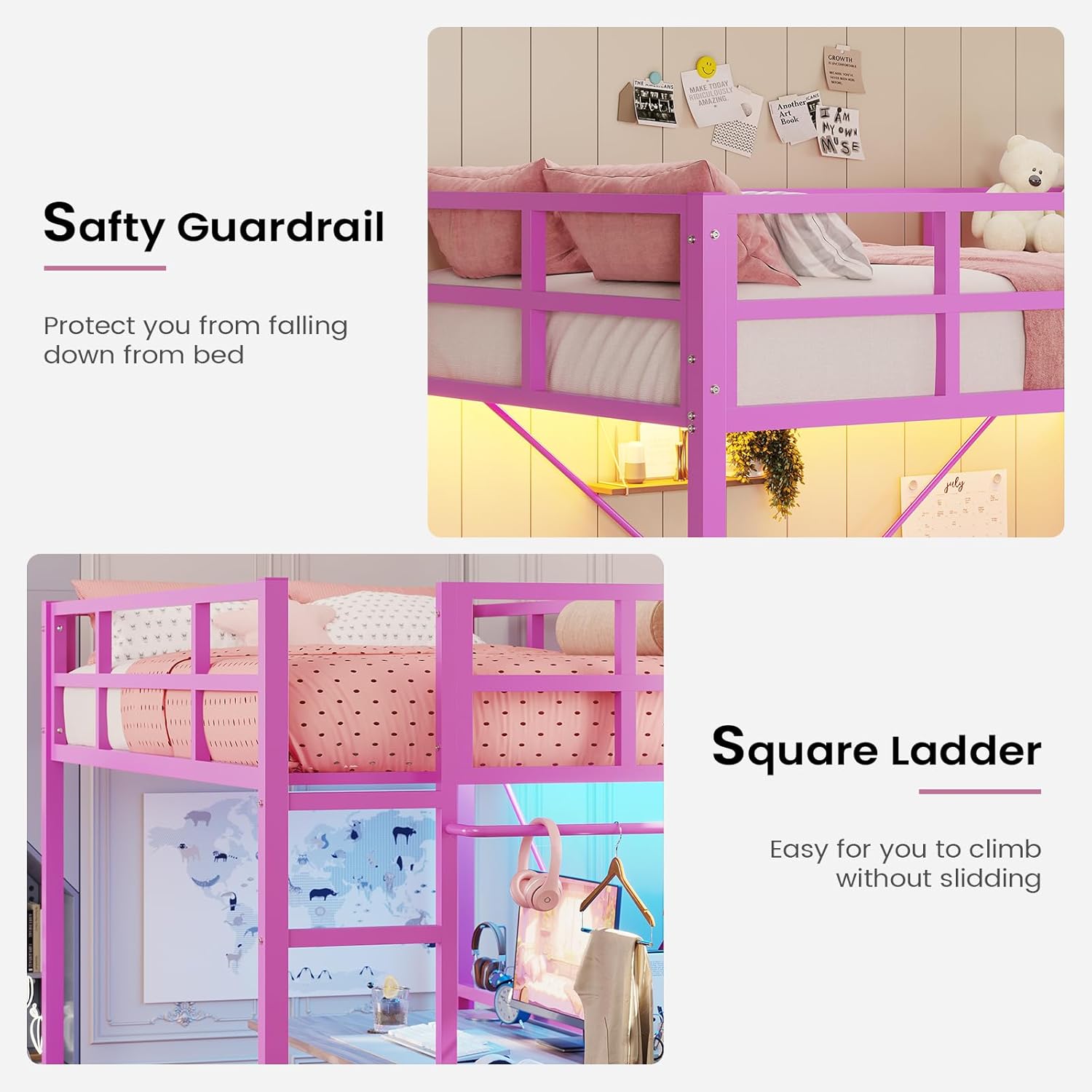 Hasuit Twin Pink Loft Bed with LED Lights, Loft Bed Twin Size with Full-Length Guardrail &Clothes Rack, Heavy Duty Loft Beds Frame, Space-Saving, Noise Free, No Box Spring Needed, Pink