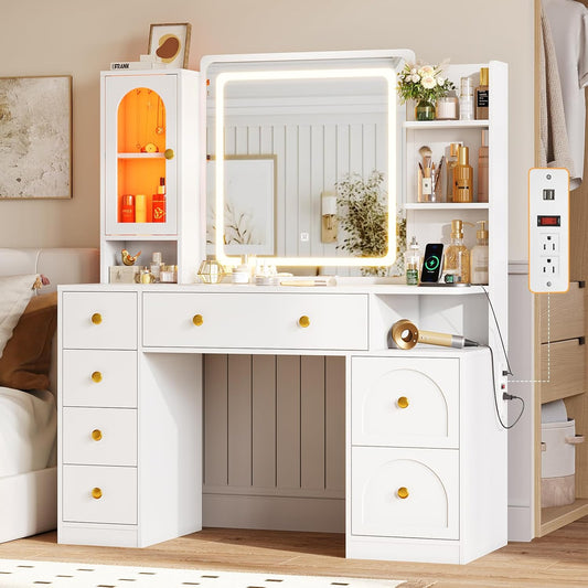 Hasuit White Vanity Desk with Mirror and LED Lights, Large Makeup Vanity Desk with 7 Drawers, Storage Shelves and RGB Glass Cabinet, Dressing Table for Bedroom with Charging Station, Lights Adjustable