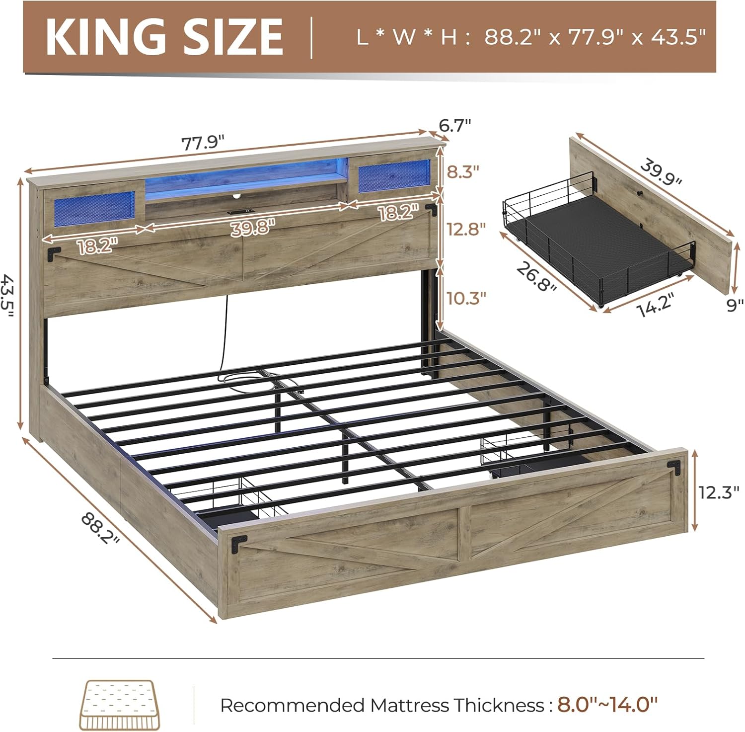 Hasuit Farmhouse Bed Frame King Size with Bookcase Headboard and 2 Drawers, Wooden Platform King Bed with LED Lights and Charging Station, Rustic Accent Headboard with Sliding Door, Rustic Brown
