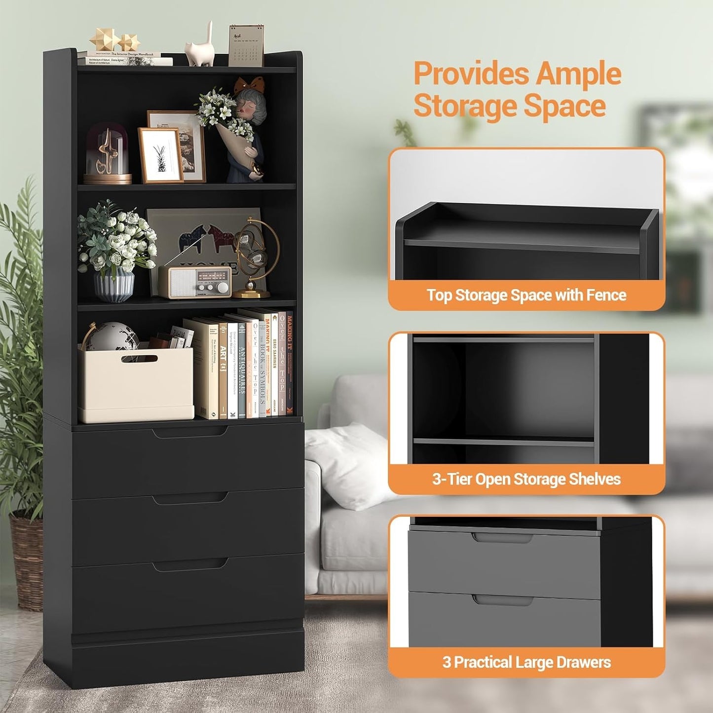 Hausuit Black Bathroom Cabinet with Drawers