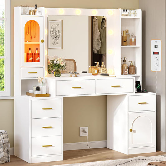 Hasuit Makeup Vanity Desk with Lighted Mirror & RGB Glass Cabinet, 49.8"W Large Vanity Desk with 7 Drawers, Shelves, Side Cabinet, White Bedroom Dressing Table with Charging Station, Lights Adjustable