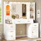 Hasuit Makeup Vanity Desk with Lighted Mirror & RGB Glass Cabinet, 49.8"W Large Vanity Desk with 7 Drawers, Shelves, Side Cabinet, White Bedroom Dressing Table with Charging Station, Lights Adjustable