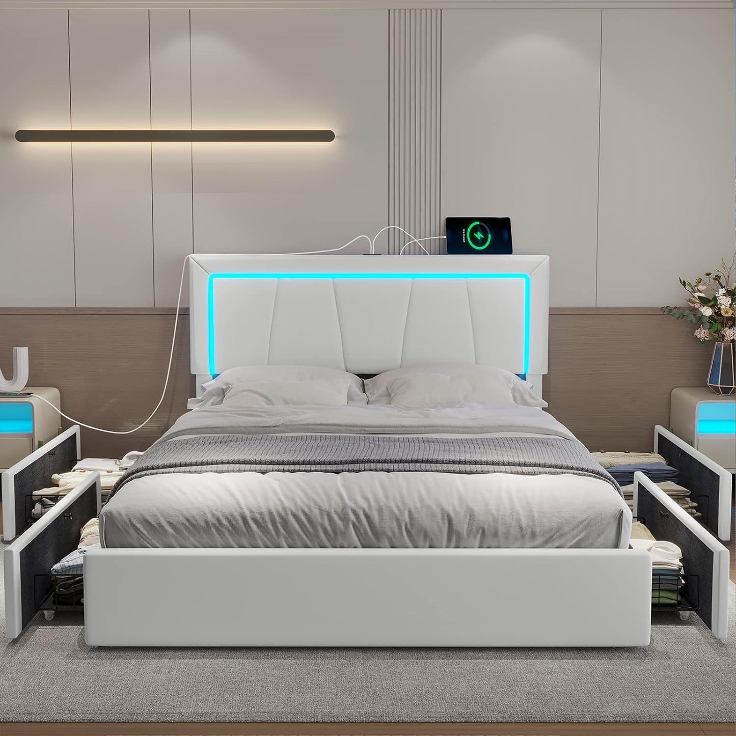 4 Drawers Faux Leather Upholstered Platform Bed Frame with LED Headboard White