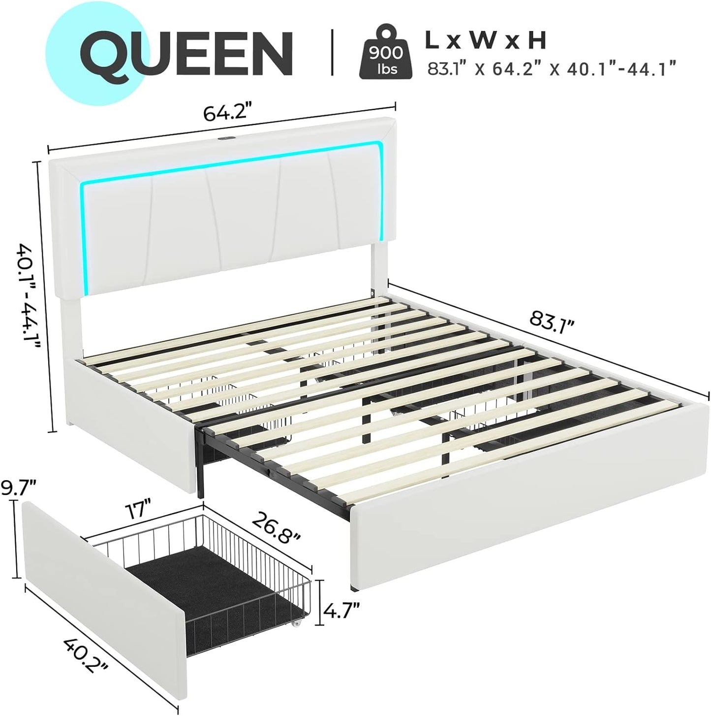 4 Drawers Faux Leather Upholstered Platform Bed Frame with LED Headboard White