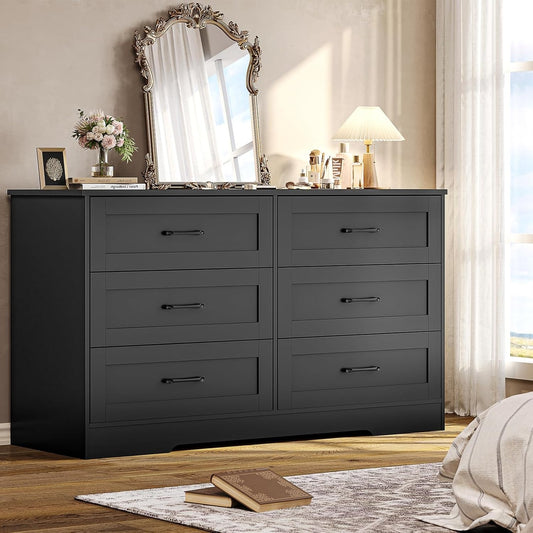 Hasuit Modern Wooden Black Dresser for Bedroom with 6 Large Drawers