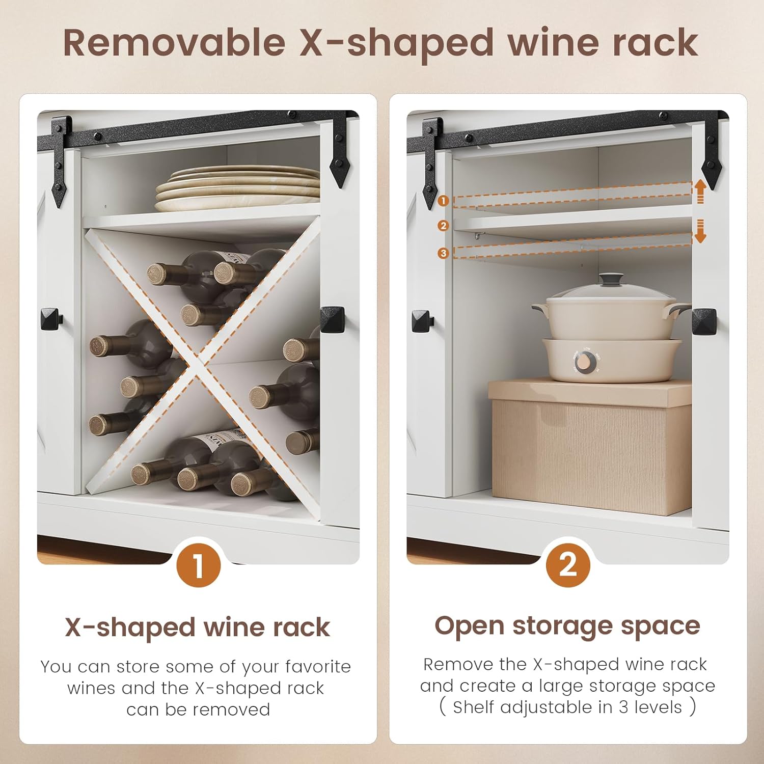 DICTAC Buffet Cabinet with Storage and Charging Station Coffee Bar Station with LED Light Farmhouse Kitchen Sideboard Cabinets with Hutch,Wine Cabinet with Sliding Barn Door and Wine Glass Rack,White
