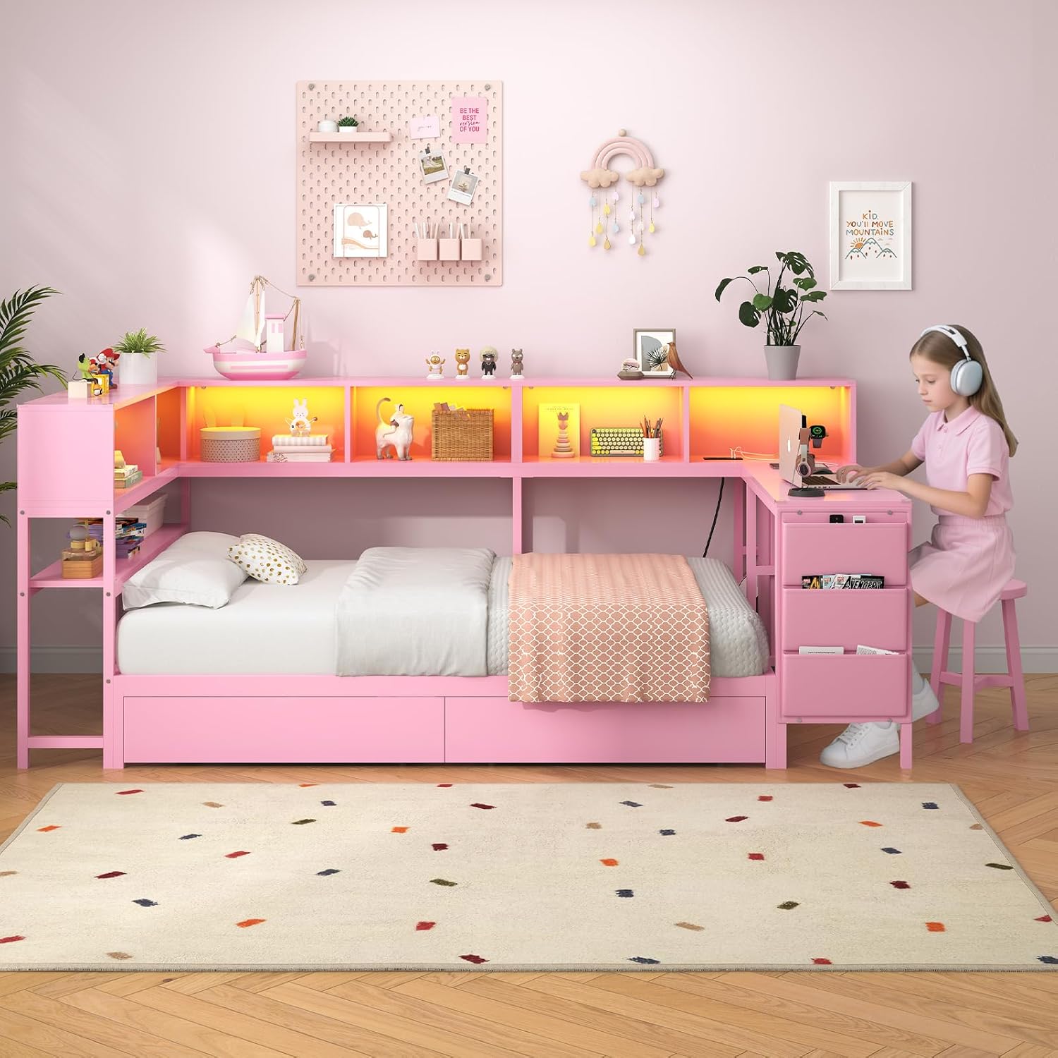 Hasuit Twin Corner Bed with Desk and Storage Bookcase, Daybed with 2 Drawers & 2 Storage Bins, Twin Size Platform Bed Frame with Charging Station and LED Light, Modern Teenagers Bedframe, Pink