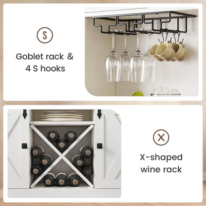 DICTAC Buffet Cabinet with Storage and Charging Station Coffee Bar Station with LED Light Farmhouse Kitchen Sideboard Cabinets with Hutch,Wine Cabinet with Sliding Barn Door and Wine Glass Rack,White