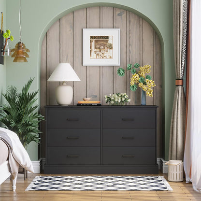 Hasuit Black 6 Drawer Double Dresser for Bedroom, Wood Storage Tower Clothes Organizer, Wide Chest of 6 Drawers, Large Storage Cabinet, Dresser with Sturdy Base for Bedroom, Hallway, Entryway