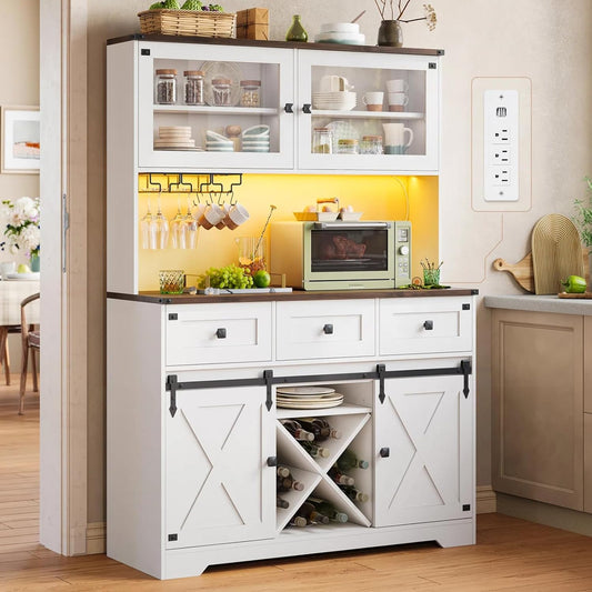 DICTAC Buffet Cabinet with Storage and Charging Station Coffee Bar Station with LED Light Farmhouse Kitchen Sideboard Cabinets with Hutch,Wine Cabinet with Sliding Barn Door and Wine Glass Rack,White