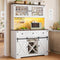 DICTAC Buffet Cabinet with Storage and Charging Station Coffee Bar Station with LED Light Farmhouse Kitchen Sideboard Cabinets with Hutch,Wine Cabinet with Sliding Barn Door and Wine Glass Rack,White
