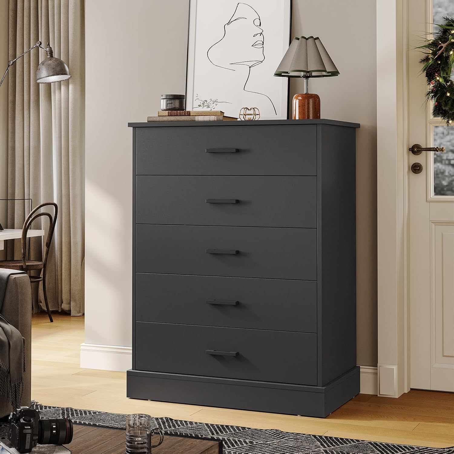 Hasuit Black Dresser for Bedroom, 5 Drawer Dresser with Sturdy Base, Wooden Large Capacity Storage Cabinet, Tall Chest of 5 Drawers for Closet, Living Room, Hallway