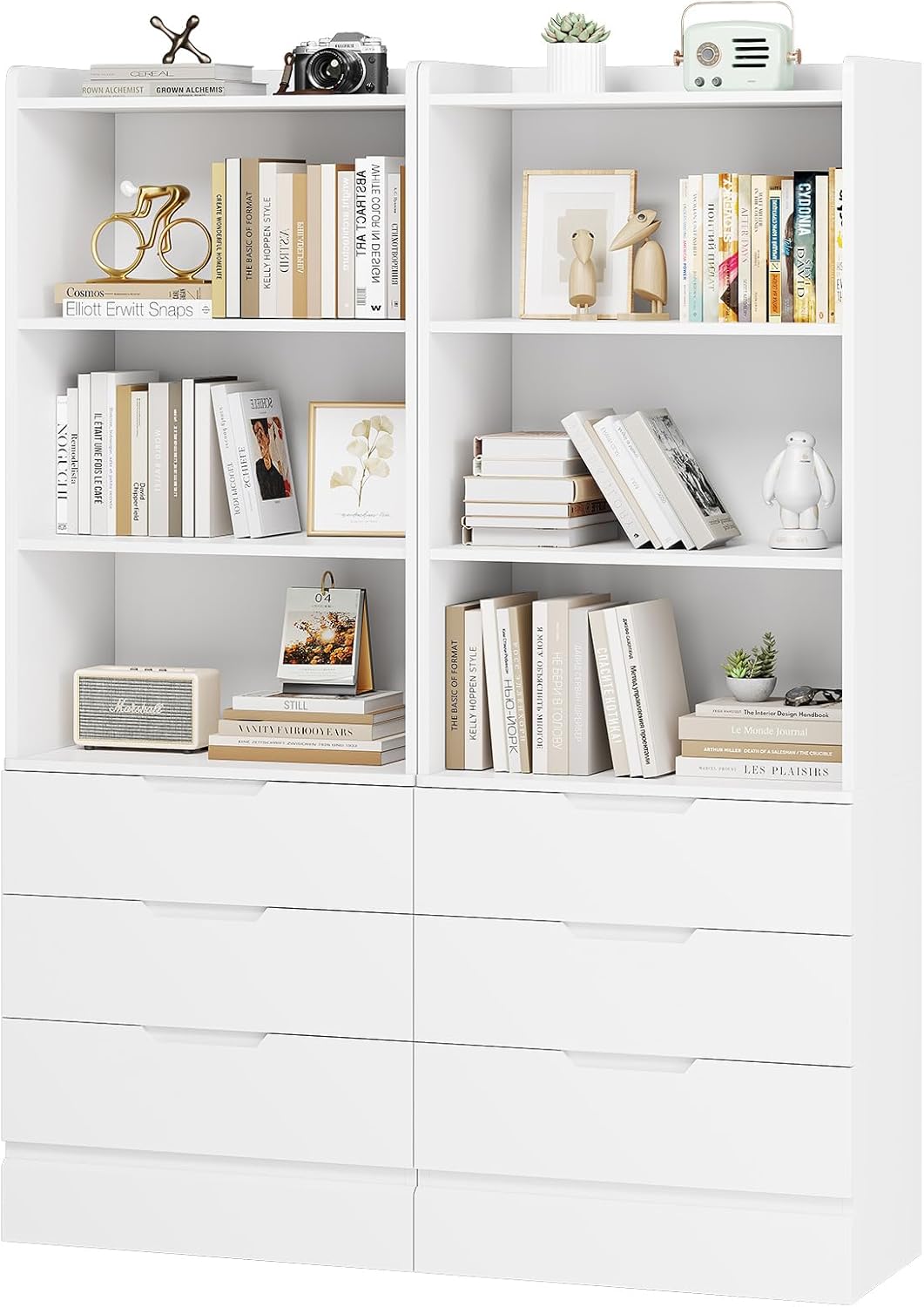 DICTAC Bookcase Set of 2 with 3 Drawers 73.23'' White Bookshelf Storage Cabinets with Shelves and Drawers Kitchen Pantry with Microwave Stand,Storage Organizer for Living Room,Office,Study, Bathroom