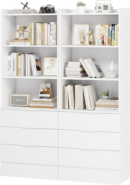 DICTAC Bookcase Set of 2 with 3 Drawers 73.23'' White Bookshelf Storage Cabinets with Shelves and Drawers Kitchen Pantry with Microwave Stand,Storage Organizer for Living Room,Office,Study, Bathroom
