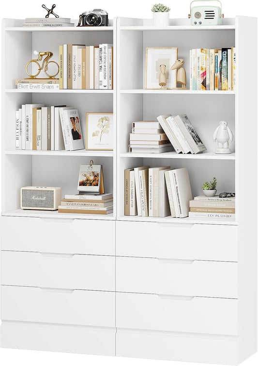 DICTAC Bookcase Set of 2 with 3 Drawers 73.23'' White Bookshelf Storage Cabinets with Shelves and Drawers Kitchen Pantry with Microwave Stand,Storage Organizer for Living Room,Office,Study, Bathroom