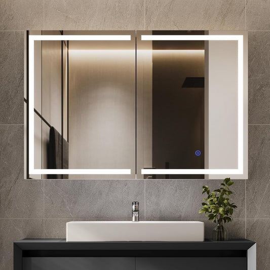 Hasuit 2 Doors Lighted Medicine Cabinet with Mirror, Wall Mounted with Storage