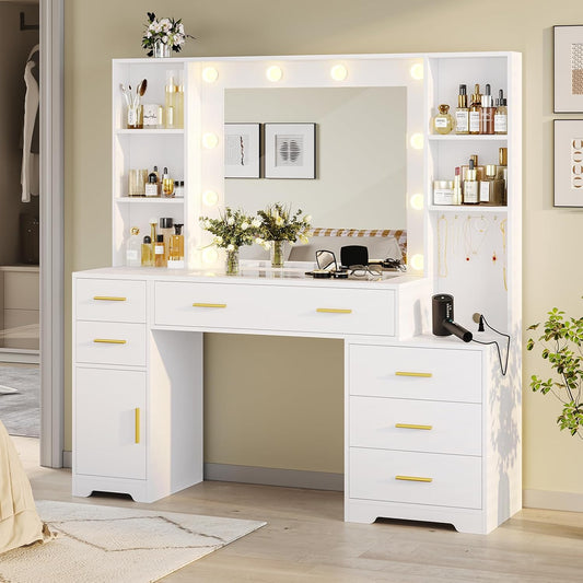 Hasuit 48.8'' Large Vanity Desk with Lighted Mirror & Power Outlet, White Makeup Vanity Table with 6 Drawers, 4 Shelves and 1 Storage Cabinet, Glass Tabletop Bedroom Dressing Table, 3 Lighting Modes