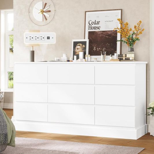 Hasuit Modern White Dresser for Bedroom with 9 Drawers, 61.4"Wide Dressers Chest of Drawer with Large Capacity Storage, Long Dresser TV Stand with Power Outlets, Sturdy Storage Cabinet for Living Room
