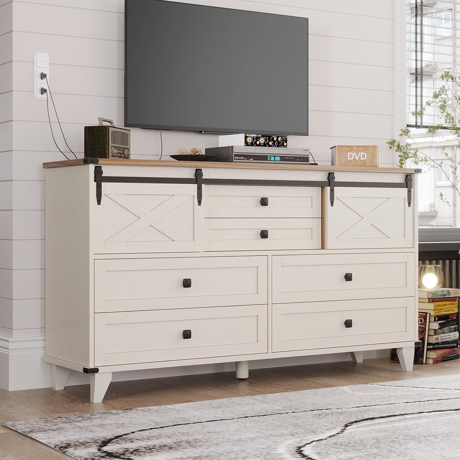 Hasuit Farmhouse 6 Drawer Dresser for Bedroom, Retro Chest of Drawers with Sliding Barn Door, Bedroom Long Storage Dressers Organizer, White
