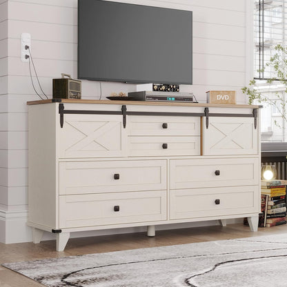 Hasuit Farmhouse 6 Drawer Dresser for Bedroom, Retro Chest of Drawers with Sliding Barn Door, Bedroom Long Storage Dressers Organizer, White