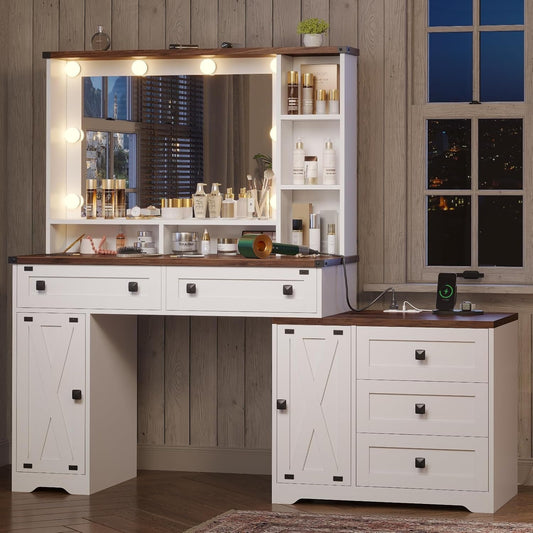 Hasuit 56.5 Inches Makeup Vanity Desk with Hollywood Mirror and Charging Station