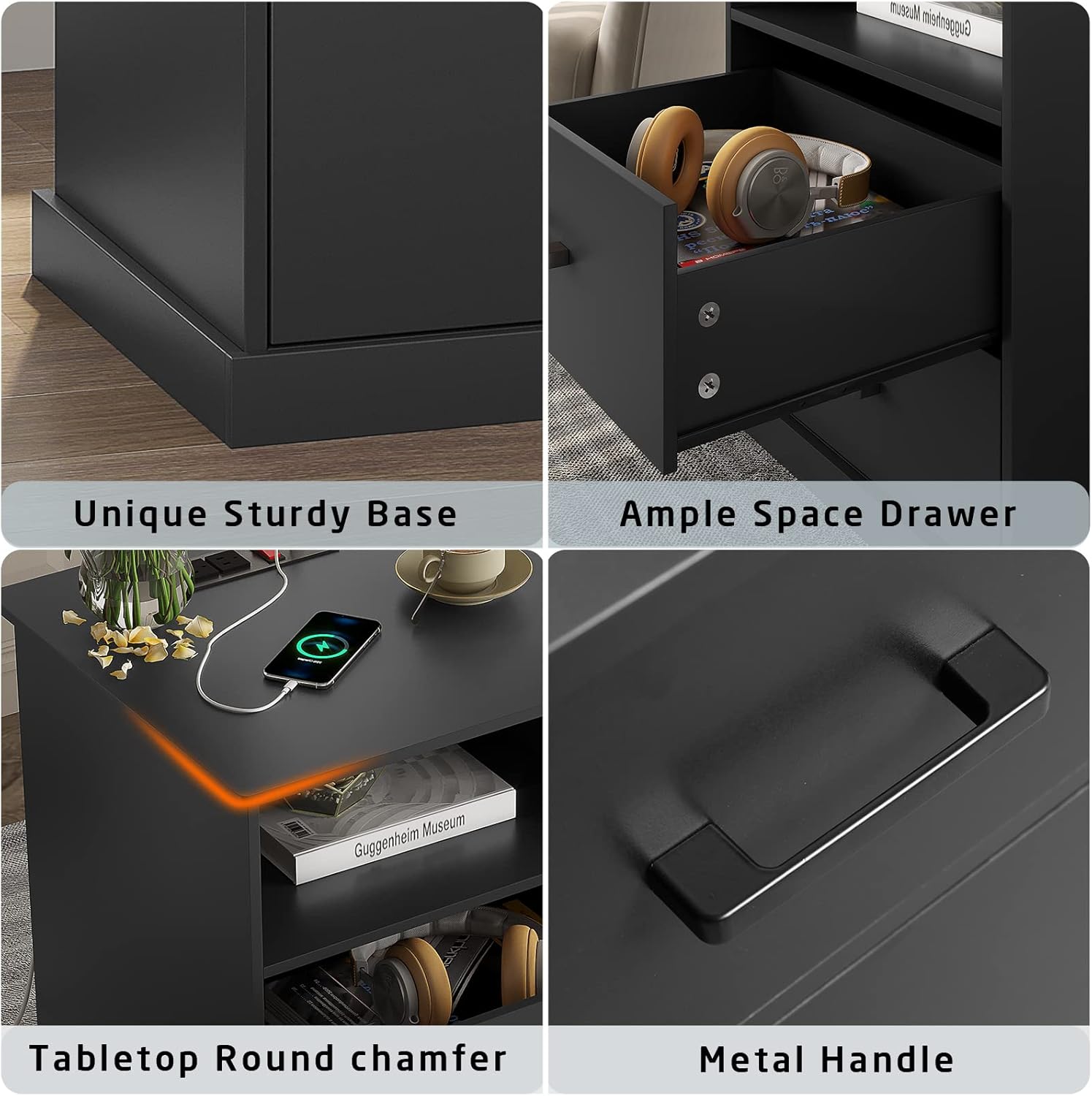 Hasuit Night Stand Set of 2 with Charging Station, Large Nightstands with Storage Drawers and Open Cubby, Black Bedside Side End Table for Home Office, Wider Tabletop 19.0'' x 15.0''
