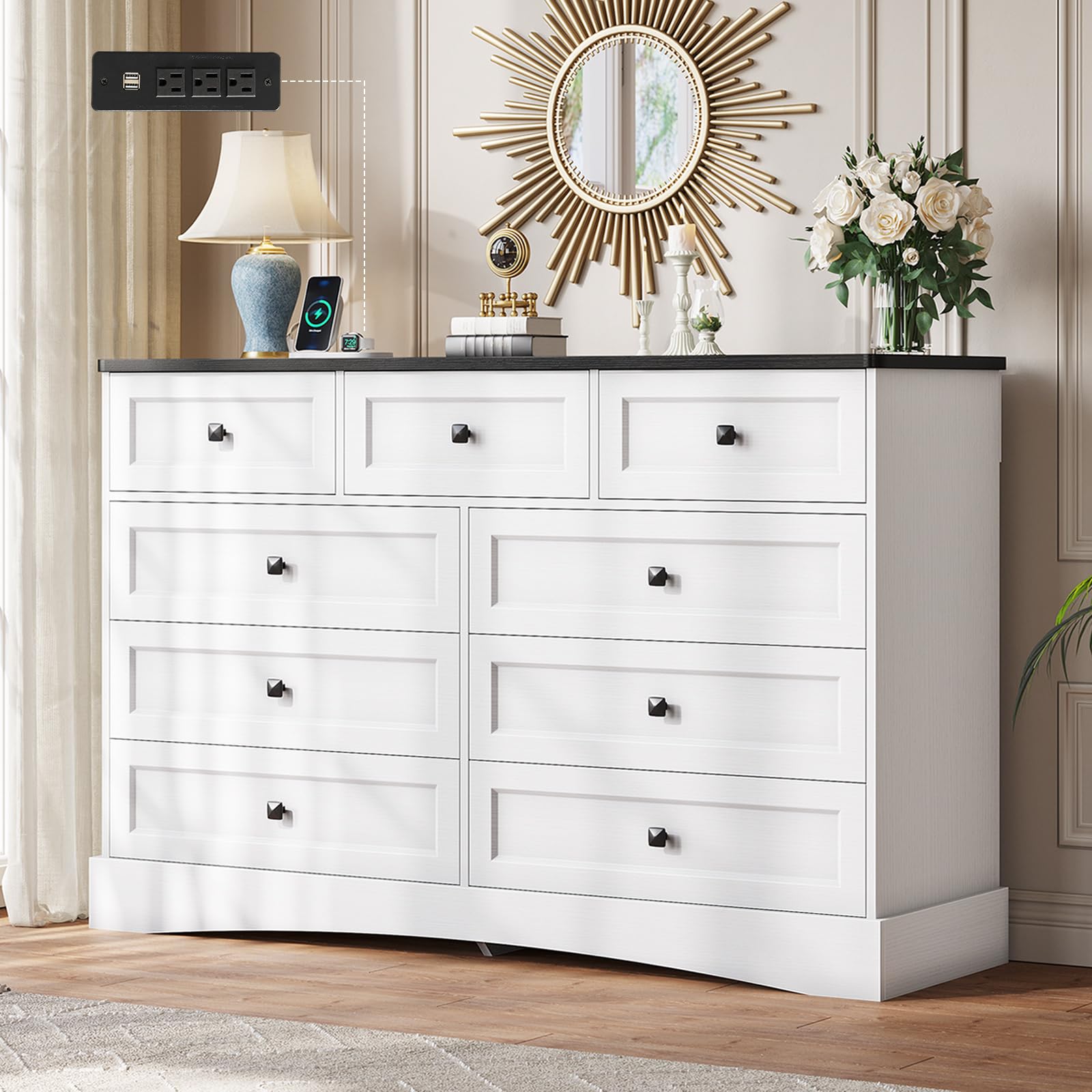 Hasuit White Dresser for Bedroom with 9 Drawers, 51.2" Large Drawer Dressers with Charging Station, Wide Farmhouse Dressers Chest of Drawers, Wooden Storage Tower Organizer, Dresser for Bedroom Closet