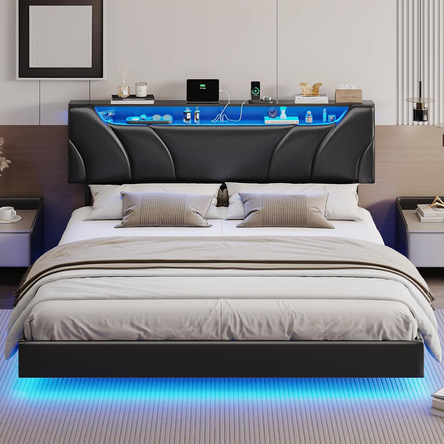 Hasuit California King Bed Frame with Hidden Storage Headboard and Charging Station Cal King Size Floating Bed Frame with Led Lights Upholstered Visual Floating Platform bed,No Box Spring Needed,Black