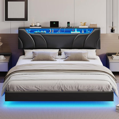 Hasuit California King Bed Frame with Hidden Storage Headboard and Charging Station Cal King Size Floating Bed Frame with Led Lights Upholstered Visual Floating Platform bed,No Box Spring Needed,Black