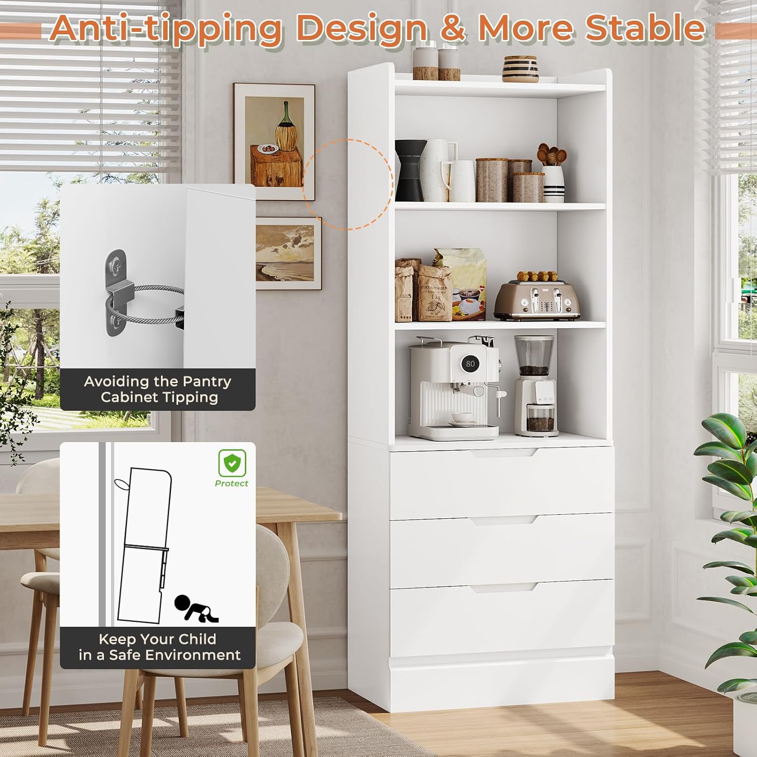 DICTAC 73.23'' Tall Storage Cabinet Bookcase with 3 Drawers and 3-Tier Open Shelves Wooden Bookshelf Kitchen Pantry Storage Organizer Cabinets for Living Room, Study, Kitchen,Bathroom,White