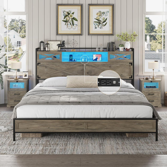 Hasuit King Bed Frame with Storage Headboard, Platform Bed King Size with Charging Station and LED Lights, Farmhouse Rustic Bed with Sliding Barn Door, Rustic Oak