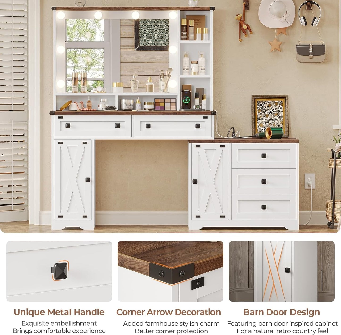 Hasuit 56.5 Inches Makeup Vanity Desk with Hollywood Mirror and Charging Station