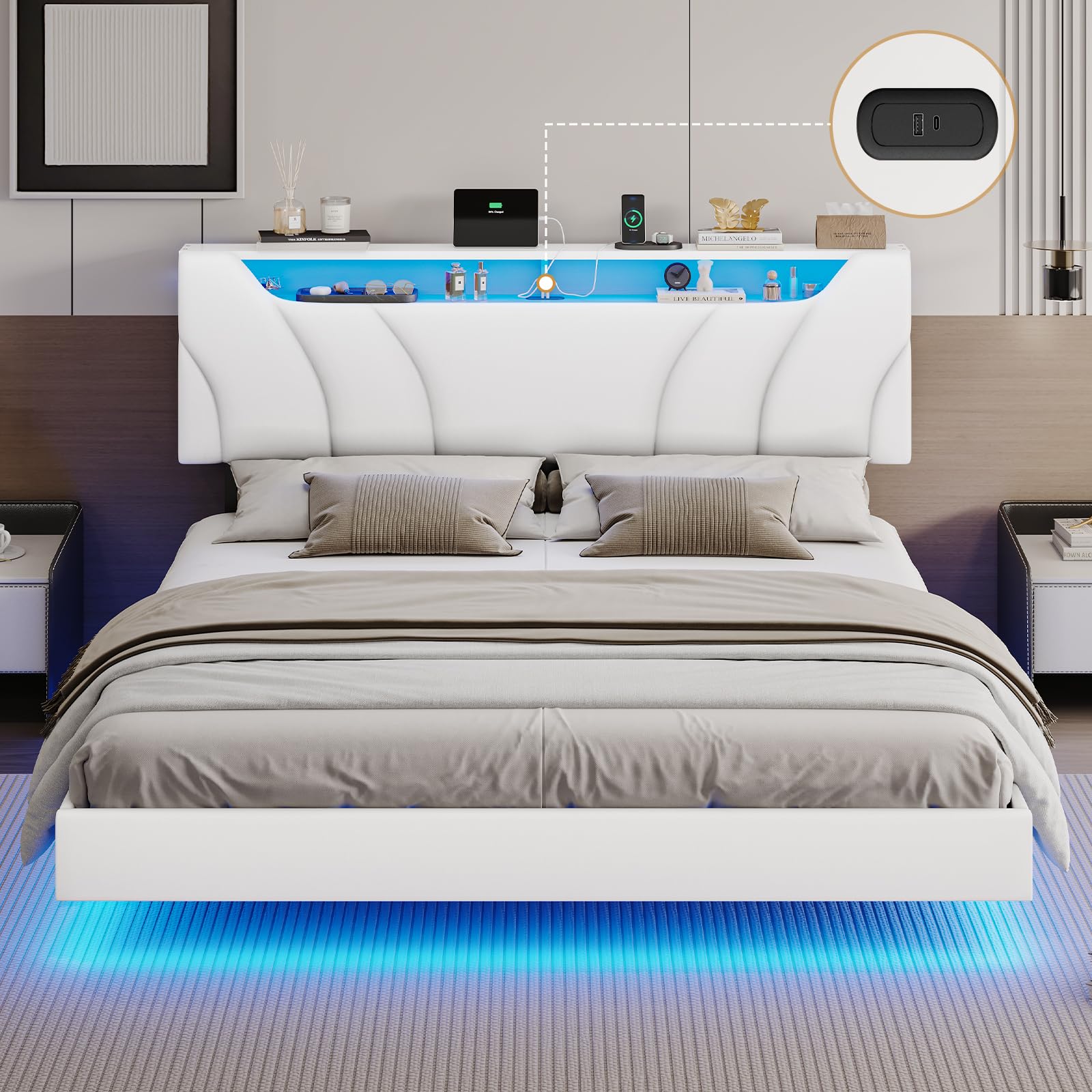 Hasuit California King Floating Led Bed Frame with Hidden Storage Headboard and Charging Station Cal King Size Visual Floating Platform Bed with Led Lights,No Box Spring Needed,Black+Rustic