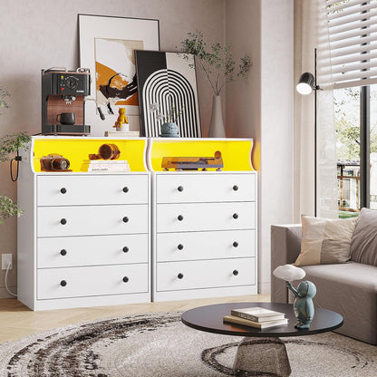 Hasuit White Dresser with Charging Station, LED Dresser with 4 Large Drawers, Chest of Drawers with Open Space, Large Capacity Tall Storage Cabinet, White Dressers for Bedroom
