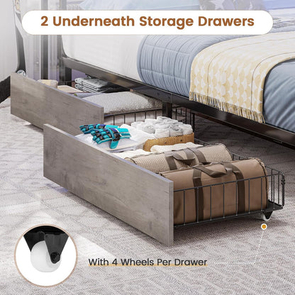 Hasuit Full Corner Bed Frame with Storage Bookcase, Full Size Daybed with 2 Underneath Storage Drawers, Kids Bed Unit with Charging Station and LED Light, Modern Teenagers Bedframe, Black&Gray