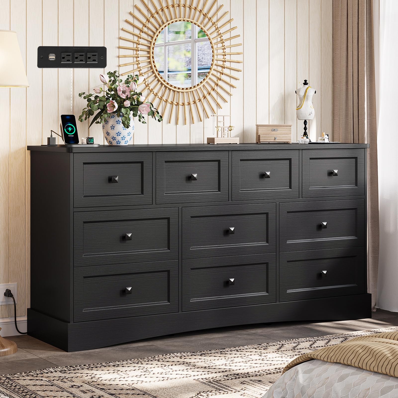 Hasuit White Dresser for Bedroom with 9 Drawers, 51.2" Large Drawer Dressers with Charging Station, Wide Farmhouse Dressers Chest of Drawers, Wooden Storage Tower Organizer, Dresser for Bedroom Closet