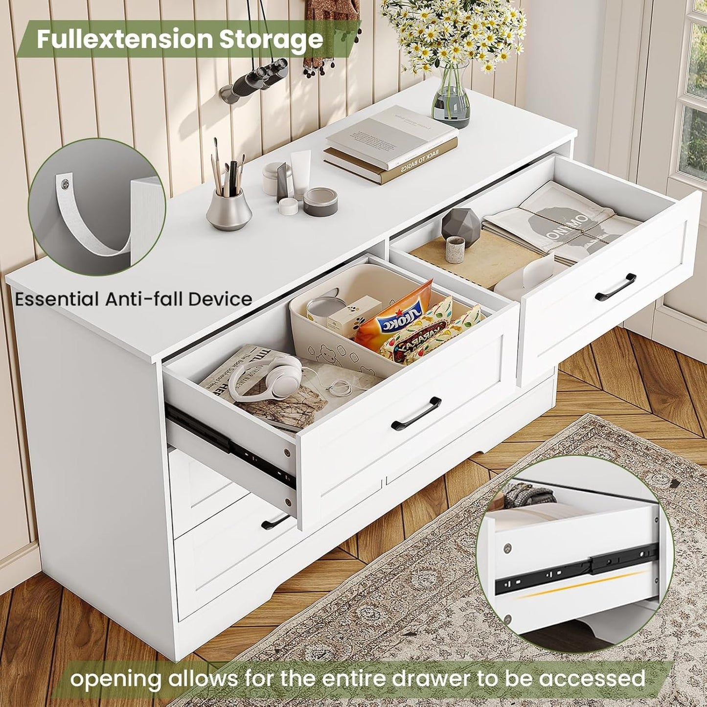 Hasuit Modern Wooden White Dresser for Bedroom with 6 Large Drawers
