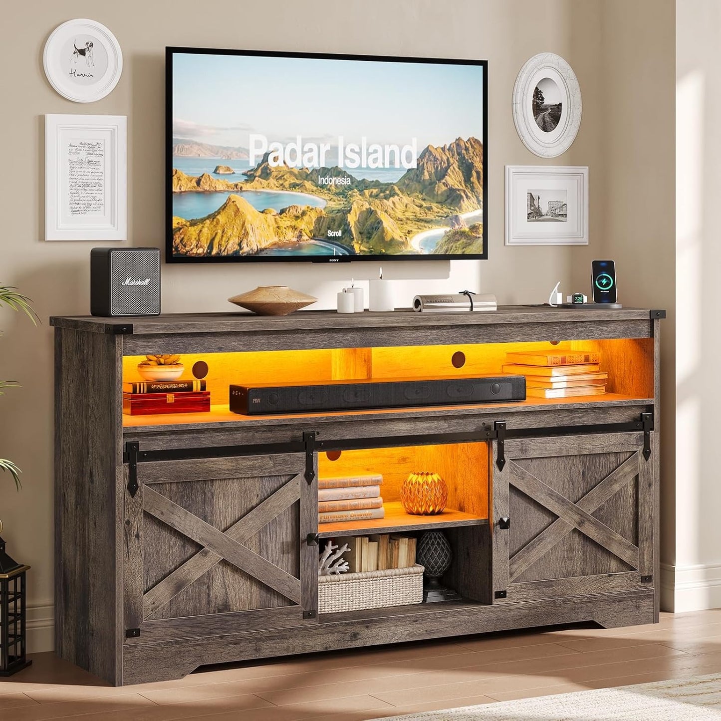 Hasuit Farmhouse LED TV Stand Entertainment Center with Power Outlet and Storage Cabinet for Living Room Oak